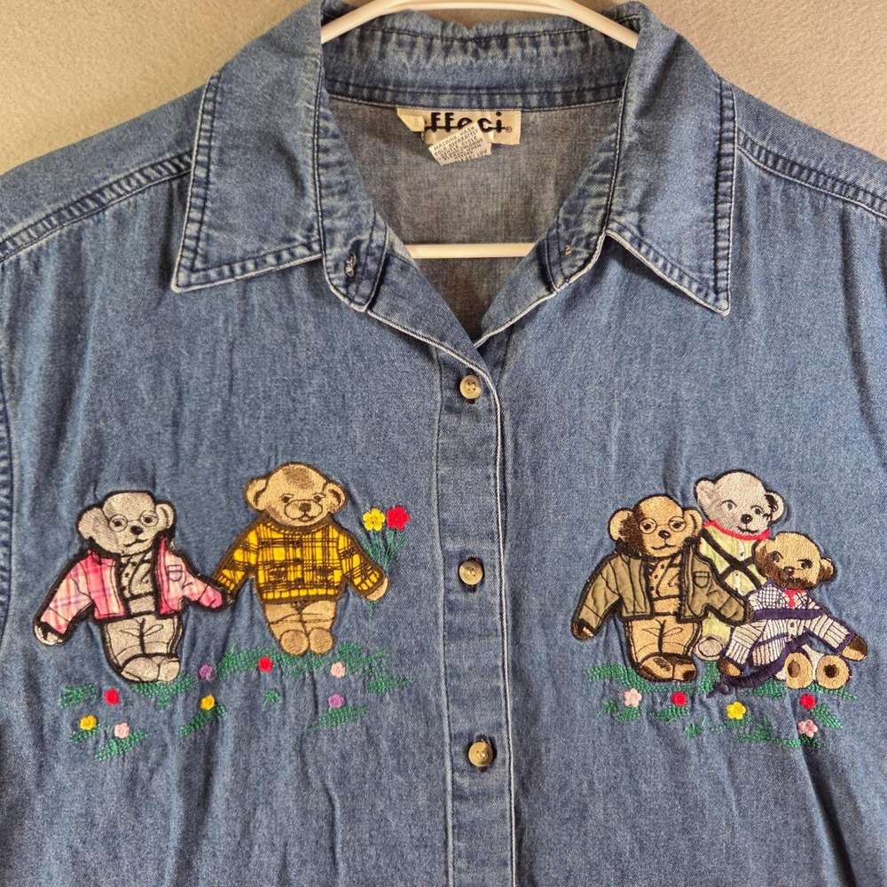 Effeci Vintage Denim Button Down Shirt Embroidered Teddy Bears Large Whimsical